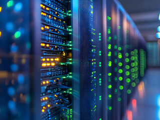 Poster - Close-up of illuminated server racks showcasing technology and data processing.