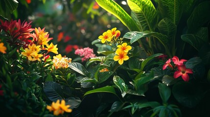 Poster - A lush garden blooms with a variety of vibrant flowers and rich green foliage, bathed in soft sunlight, capturing the essence of nature’s beauty.