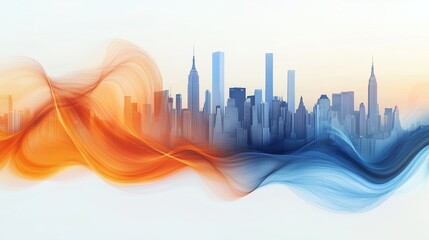 Poster - A digital art piece featuring an abstract representation of the New York City skyline, with swirling orange and blue smoke-like elements that form a fluid shape around it