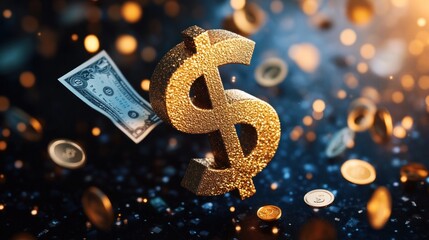 Wall Mural - A golden dollar sign with sparkling glitter, a dollar bill, and bokeh lights on a black background.