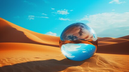 A perfectly reflective sphere nested in golden dunes under a beautiful blue sky reflects the infinite desert horizon, blending reality and illusion.