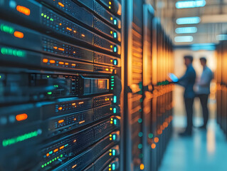 Poster - Data center with servers and technicians inspecting hardware.