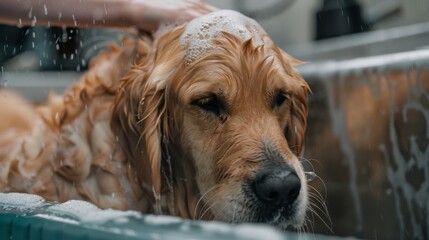 A golden retriever peacefully soaks during a bath, soap suds covering his golden fur, eyes gently closed in complete relaxation and trust.