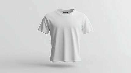 A 3D render of a plain white T-shirt on a white background, ideal for virtual design and apparel customization concepts.