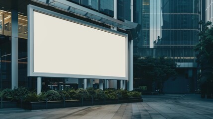 A large, empty billboard stands in an urban environment, surrounded by modern buildings and greenery, offering a blank canvas for advertising opportunities.