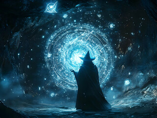 A mysterious sorcerer casting a spell in a cosmic setting filled with blue magical energies and swirling stars.