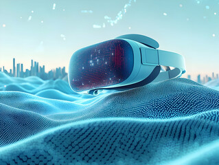 Poster - Futuristic virtual reality headset on a digital waves background.