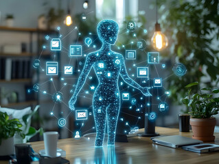 Poster - A holographic figure representing digital connectivity and virtual interaction in a modern workspace.