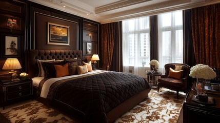 A warm and inviting bedroom featuring a dark brown bedspread elegantly laid over a plush bed, complemented by soft, neutral pillows and ambient lighting that enhances the cozy atmosphere