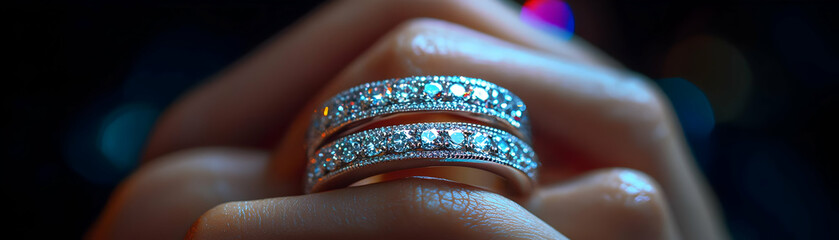 Two Sparkling Diamond Rings Held in Hand Close Up