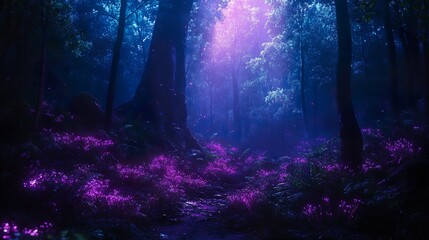 Wall Mural - Neon flowers glowing softly scattered through dark forests shadows picture