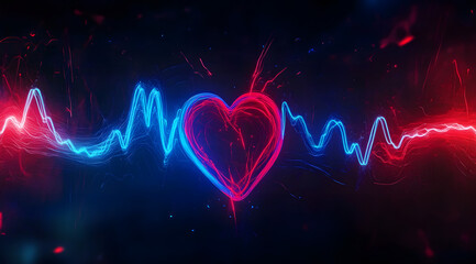 Poster - An artistic and creative representation of the electrical activity occurring in a heart, showcasing a detailed cardiogram filled with vibrant blue and red waves, which symbolizes both life and rhythm