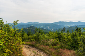 View from hiking trail bellow Wielki Stozek hill summit in summer Beskid Slaski mountains in Poland near borders with Czech republic