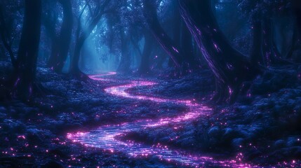 Wall Mural - Glowing neon flowers scattered through the dark mystical forest picture