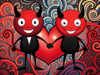 Vibrant black and red cartoon duo, a mischievous devil and a cheerful heart, stand back-to-back, surrounded by abstract swirls and bold graphic patterns.