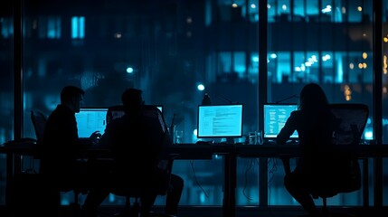 Wall Mural - Silhouetted Professionals Diligently Toiling in Darkened Office Illuminated by Computer Screens