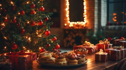 Festive Christmas table setting with presents, Christmas tree, and homemade sweets.