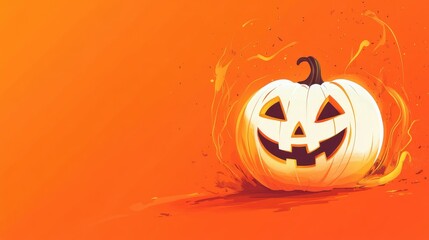 Ghost emerging from a Jack lantern pumpkin, cartoon-style, set against a vibrant orange Halloween background.