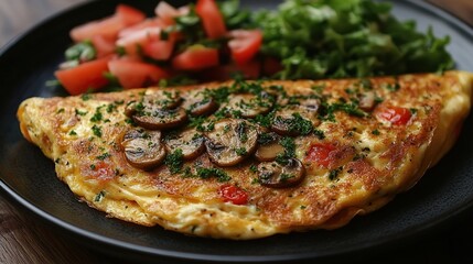 Overhead view of a tasty mushroom omelette with a side salad on a plate.