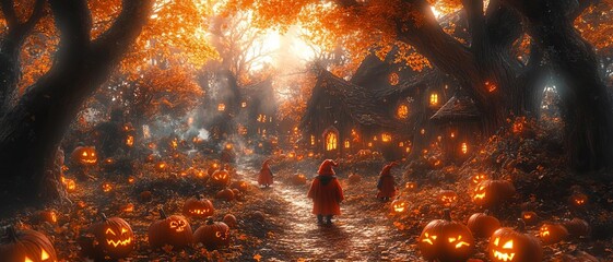 A group of gnomes dressed in Halloween attire, walking through a spooky forest filled with jackolanterns and eerie mist, perfect for copy space