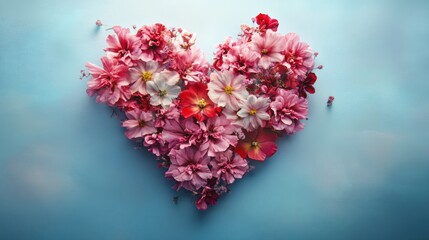 Wall Mural - Pink and red flowers arranged in a heart shape on a light blue background.