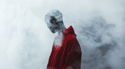 A person in a red jacket obscured by smoke.