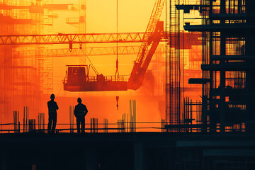 background with a construction manager overseeing a building site with active machinery