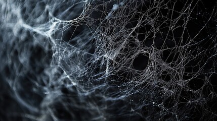 A spider web with dew drops on it against a dark background.