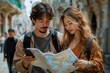 © Road Red Runner - A couple exploring a vibrant city plaza while studying a world map on their adventure together