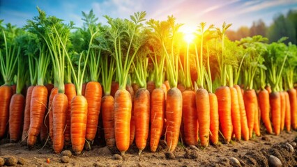 Field of vibrant orange carrots basking in the sunlight, carrots, field, agriculture, fresh, organic, healthy, farm, sunny