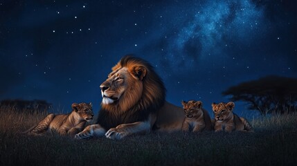 A lion with his two cubs under a starry night sky.