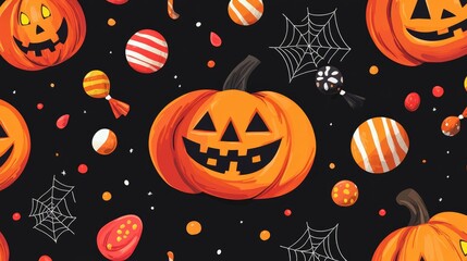 Halloween-themed pattern with orange pumpkins, spider webs, candies, and cute monsters on a dark black background for a fun, festive feel.