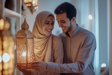 A Muslim couple joyfully preparing glowing lanterns together at home to celebrate the spirit of Ramadan nights with love and warmth