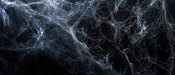 Close-up of a spider web with dew drops.