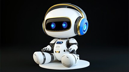 A delightful 3D-rendered robot character sits with a round head and cute blue eyes. It features glowing lights and a matte texture, creating a charming and vibrant appearance