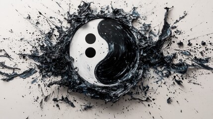 Yin yang symbol painted in black and white with splattered paint around it.