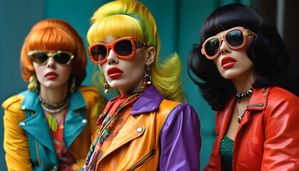 Vintage rock and roll fashion from the 1950s and 1960s featuring leather jackets, colorful dresses, trendy hairstyles, and a vibrant celebration of music and daring lifestyles