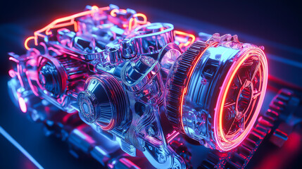 3D illustration, Futuristic engine powertrain in neon glow