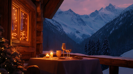 Candlelit dinner in a cozy cabin, with a small table for two and a view of snow-covered mountains