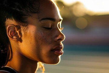 Canvas Print - Focused motivated persistent sports person man woman sweating gym outdoor stadium training, Generative AI