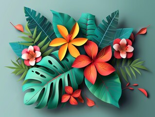 Wall Mural - 3D leaf and flower, detailed and colorful, flat design illustration