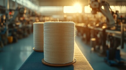 Wall Mural - Light brown spool with clear texture, exposed to sunlight on the surface of the spool. The presence of robotic arms in the background adds an atmosphere of modern industrial equipment.