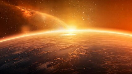 Wall Mural - stunning outer space sunrise with fiery sunlight over alien planet horizon in the vast cosmos for sc