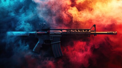 Black semi-automatic rifle with red dot scope on a background of red and blue smoke.