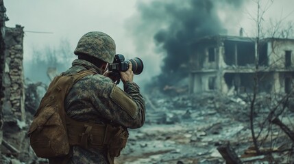 Wall Mural - Soldier in camouflage taking a photo of a destroyed building.