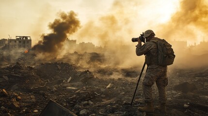 Wall Mural - A soldier in camouflage stands amidst the rubble of a destroyed city, taking photographs of the devastation.