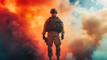 Wall Mural - Soldier in camouflage standing in front of a smoke background.