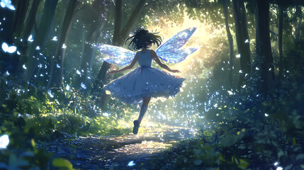 Anime girl in a fairy costume, flying through a magical forest with shimmering fairy dust