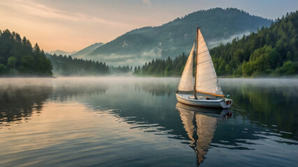 small sailboat drifting on a calm lake at sunrise. misty mountains and dense forests sky in soft pastel colors,