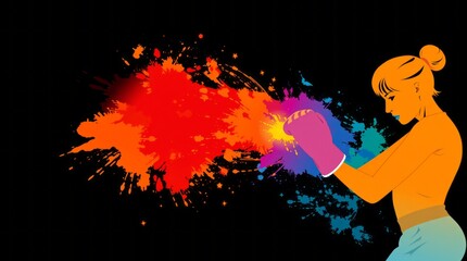 Boxing sport woman boxer colorful splash horizontal banner on black background illustration with copy space generative ai graphic sports Illustration